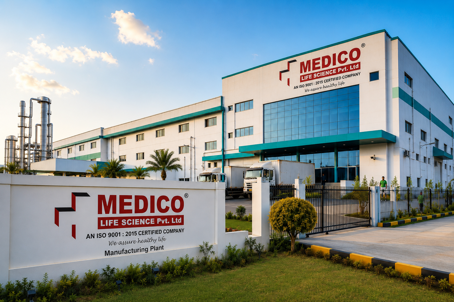 Modern pharmaceutical manufacturing facility with natural elements